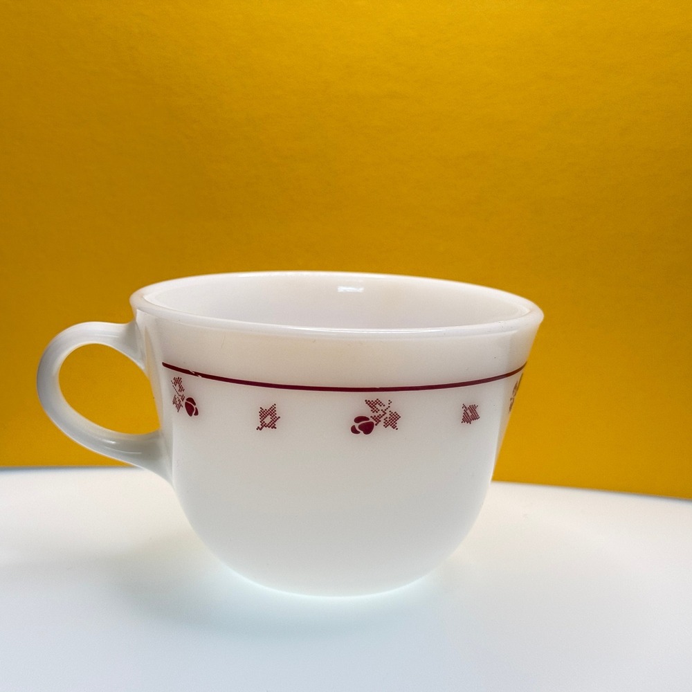 Corningware Burgundy Rose Coffee Mug Milk Glass White Maroon Floral Vintage